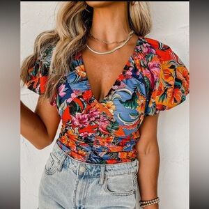 113- Floral V-Neck Puff Sleeve Top - Multicolor